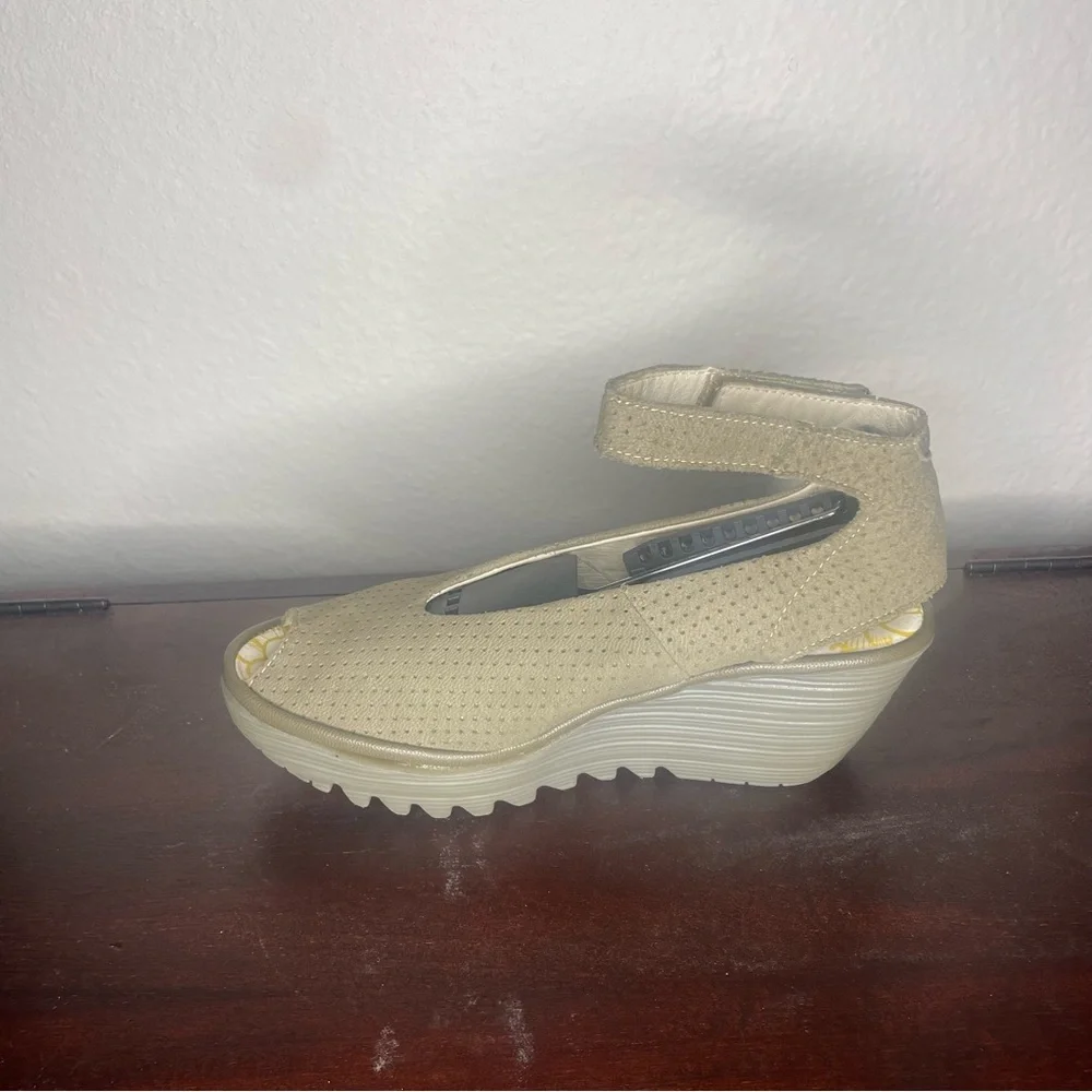 Fly London Beige Perforated Ankle-Strap Wedge Sandals
